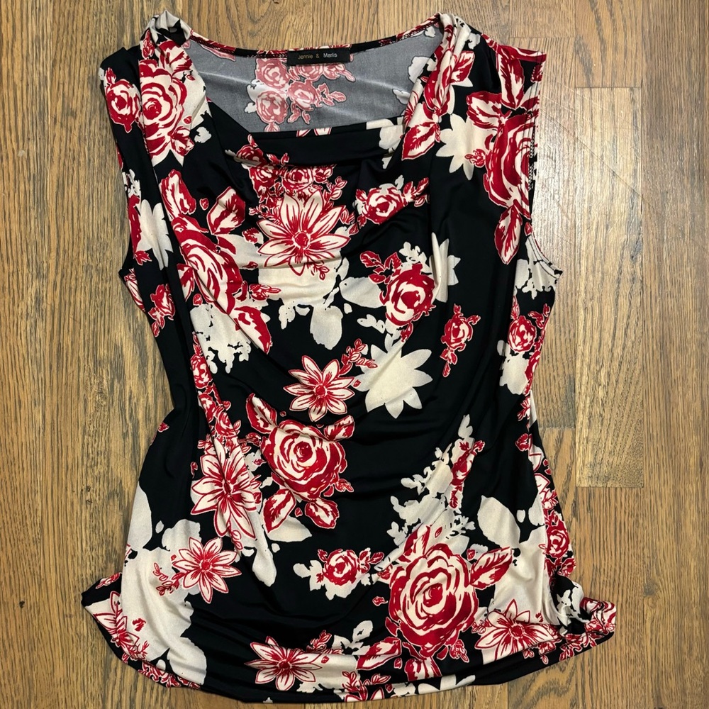 Whimsigoth Cowl Sleeveless Floral Black Red Top
